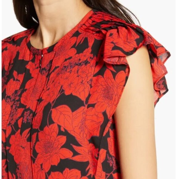 Rebecca Minkoff Fit Flare Mini Dress Large Red Short Sleeve Floral Pleat Ruffle - Picture 4 of 8